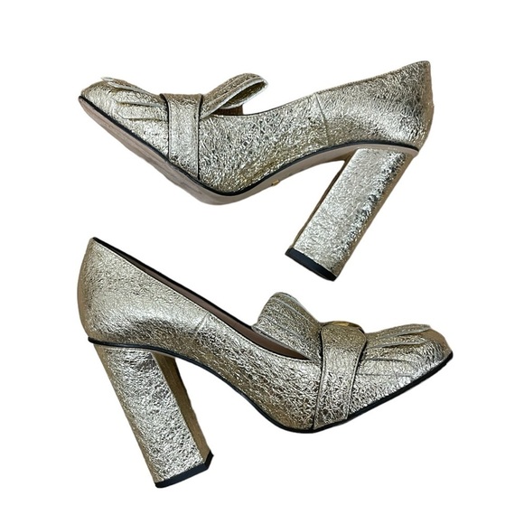 Gucci Gold Marmont Fringes High Heeled Platform Loafer Pumps - Picture 6 of 10